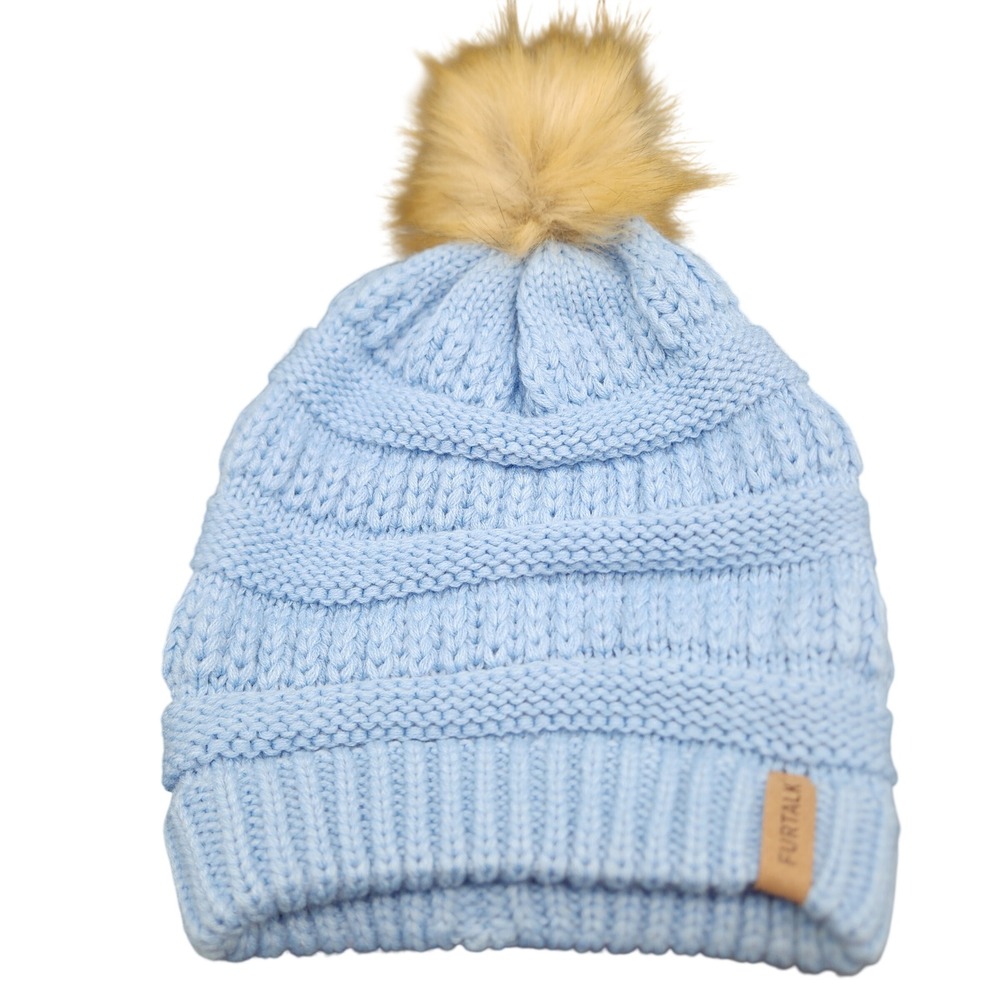 FURTALK Baby Blue Slouch Knit Beanie with Fur Pom Pom Winter Warm Hat Cozy